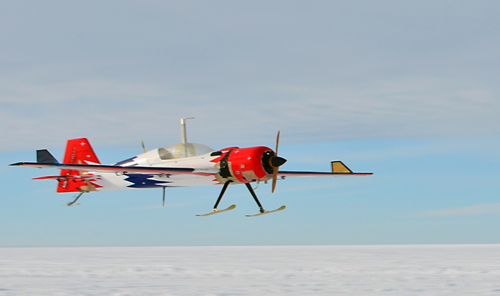 The UAS lands in Antarctica. The small but agile UAS has a takeoff weight: of about 38.5 kilograms (85 pounds) and a range of approximately 100 kilometers (62 miles). The compact radar system weighs only two kilograms, and the antenna is structurally integrated into the wing of the aircraft. Photograph by the University of Kansas and courtesy of NSF
